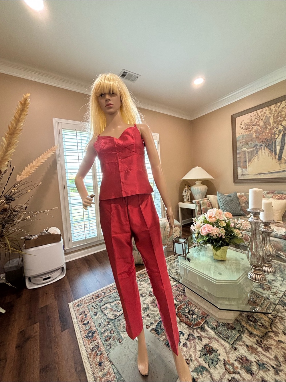 Red Satin Strapless Bustier Top with Straight-Leg Trousers